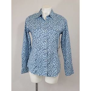 Love Stitch blue animal print pearl snap button up